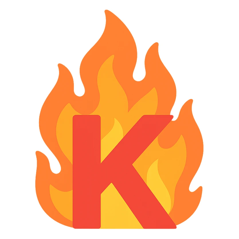 bold full color letter 'K' with dramatic flames around it expressing frustration sticker