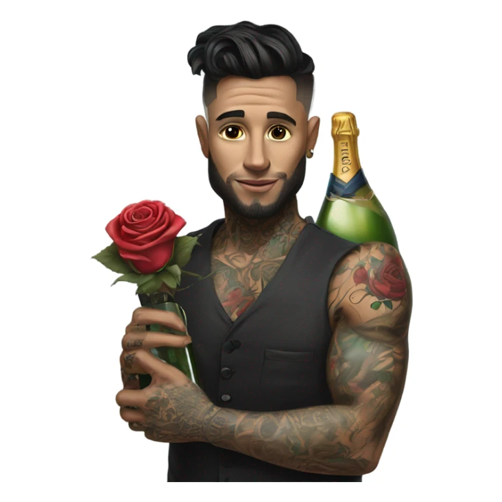 Hyper Realistic handsome tattooed man holding roses and a bottle of champagne  sticker