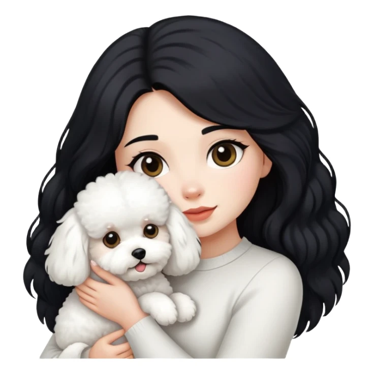 A girl with long black hair holding a bichon sticker