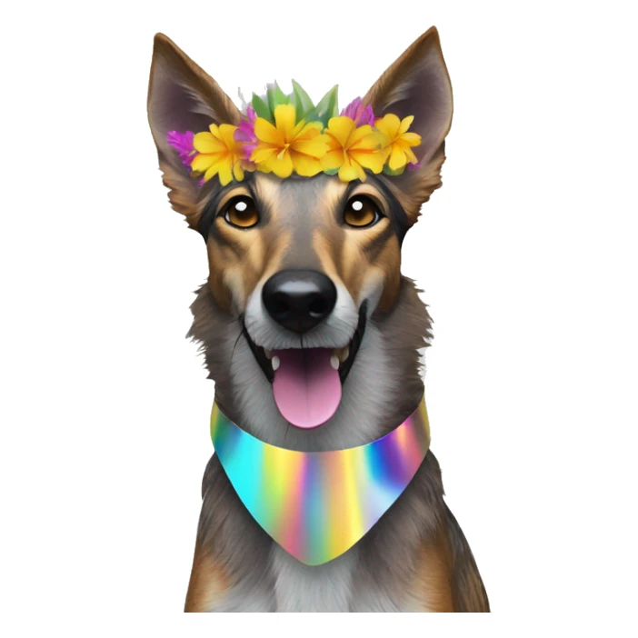  brindle brown black maroon striped lurcher Alsatian fox running blue eyes and iridescent holographic oilslick harness wearing paper iridescent tropical flower crown yellow caution tape sticker