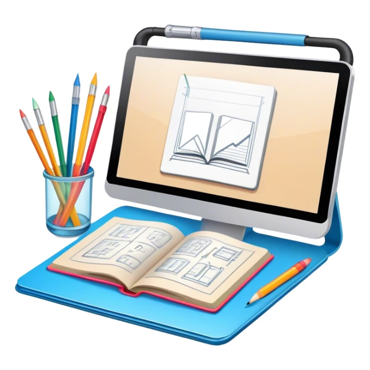 Colourfull Illustration icon, pencil, paintbrush, gel pen, graphic tablet or monitor with digital illustration, open book with sketches, minimalistic style, clean lines, transparent background. sticker