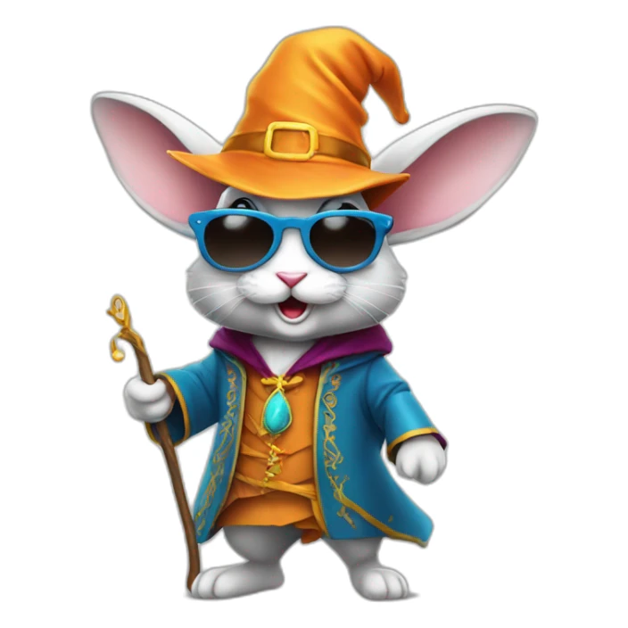 crazy rabbit in sunglasses and wizard outfit and hat, full body sticker