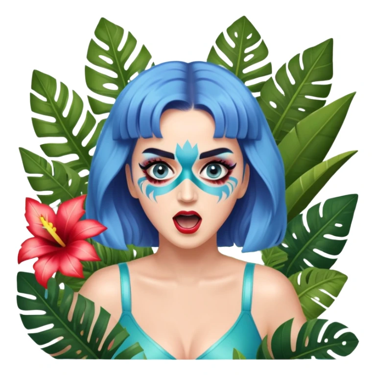 Katy Perry with face paint, roaring pose, surrounded by tropical plants, 'Roar' music video sticker