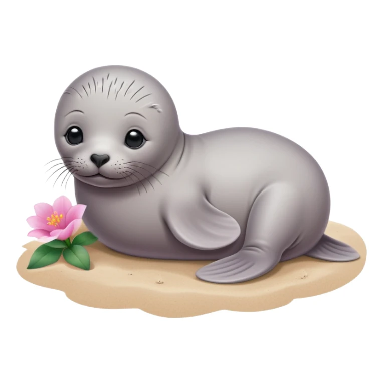 A small, slim baby seal resting gracefully on a sandy beach, with a delicate pink flower placed on its head.  Grey color sticker