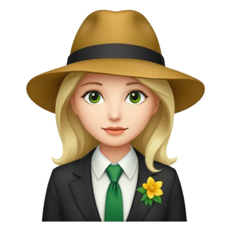 Woman in wide-brim hat & green tie sticker