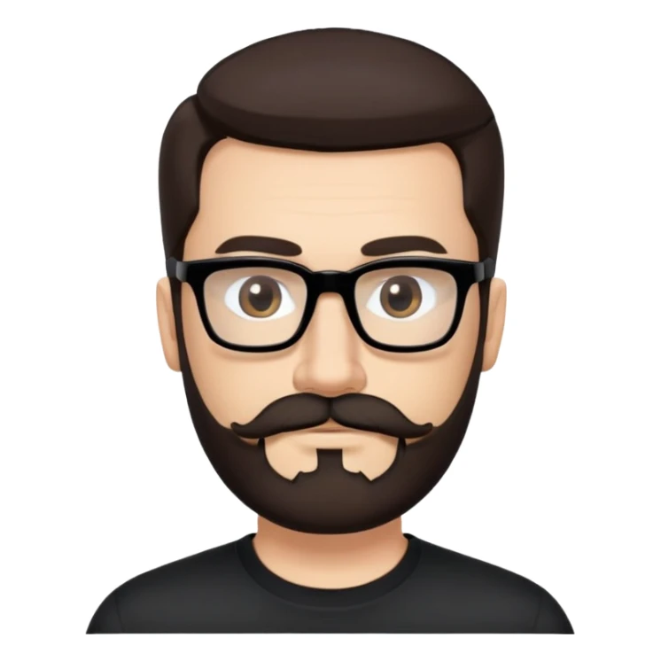 Caucasian male, medium-length straight dark brown hair combed back, thick dark eyebrows, rectangular black eyeglasses, full beard and mustache neatly groomed, neutral facial expression, wearing a black crew neck shirt. sticker