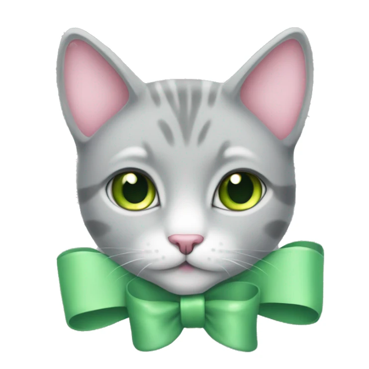 Light grey cat with green eyes wearing a small pink bow sticker
