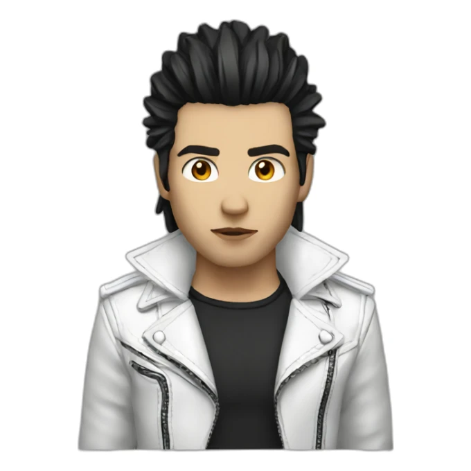 Punk male,dark hair, with white leather jacket with dark hair sticker