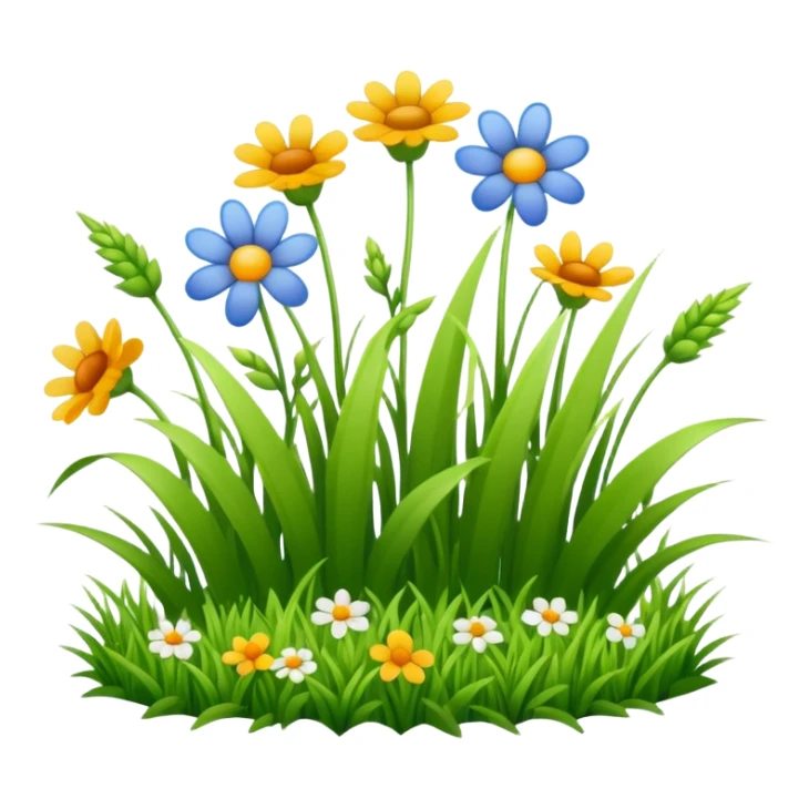 a patch of green grass with a few wildflowers, emoji style sticker