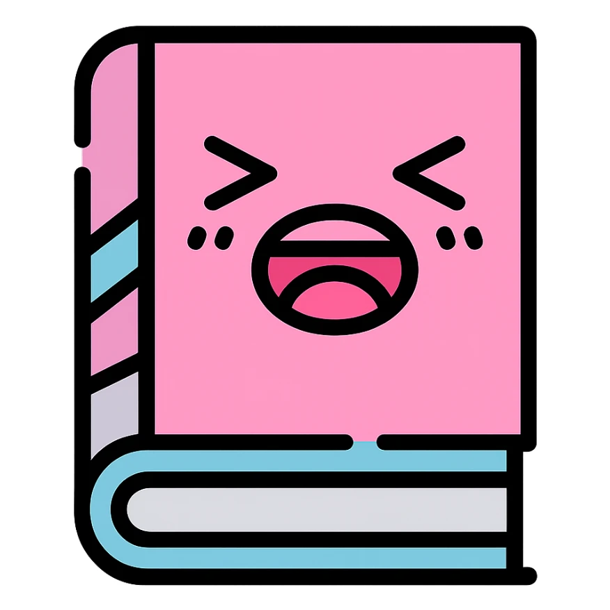 Recreate the image of a pink manga book with an expressive face, thick black lines, details in lilac and blue, in color outline style, without any text or numbers. sticker