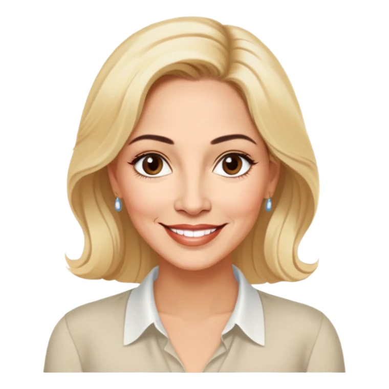 Warm-hearted Linette Torres, Puerto Rican actress in her 50s with light skin, extremely loving expression, bright gentle eyes, sweet welcoming smile, elegant blonde hair, wearing a simple relaxed blouse sticker