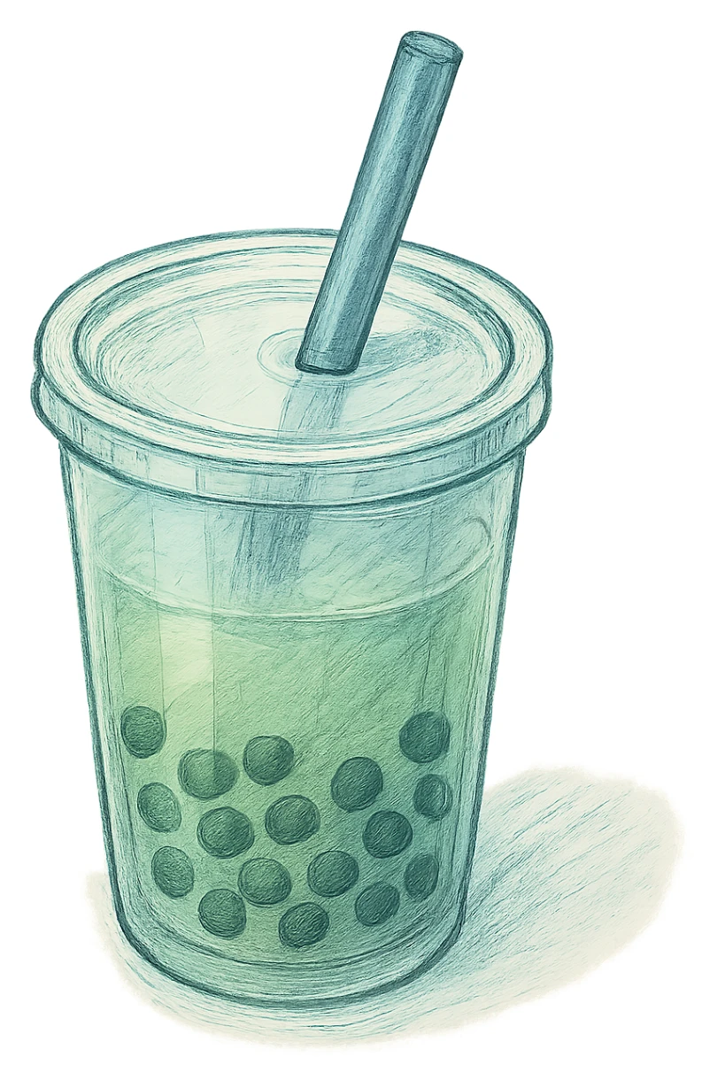 hand-drawn volumetric bubble tea cup with a straw, blue and green colors, three-quarter angle view, sketchy illustrated style, expressive shadows and highlights for 3D look sticker