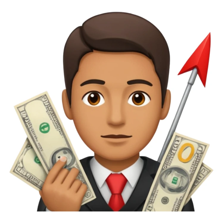 a man with money bills and a red down arrow next to him sticker