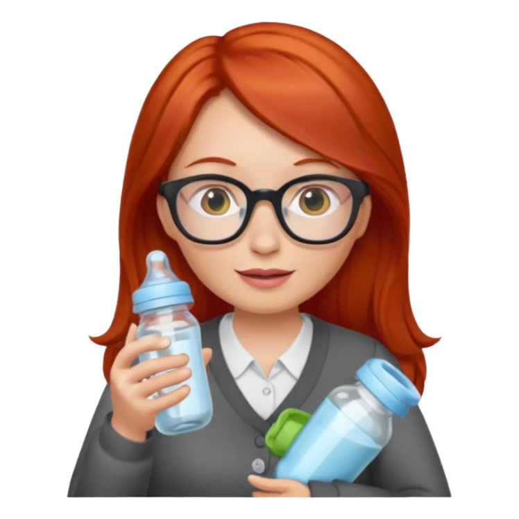 red lang haired woman with glasses with baby bottle sticker