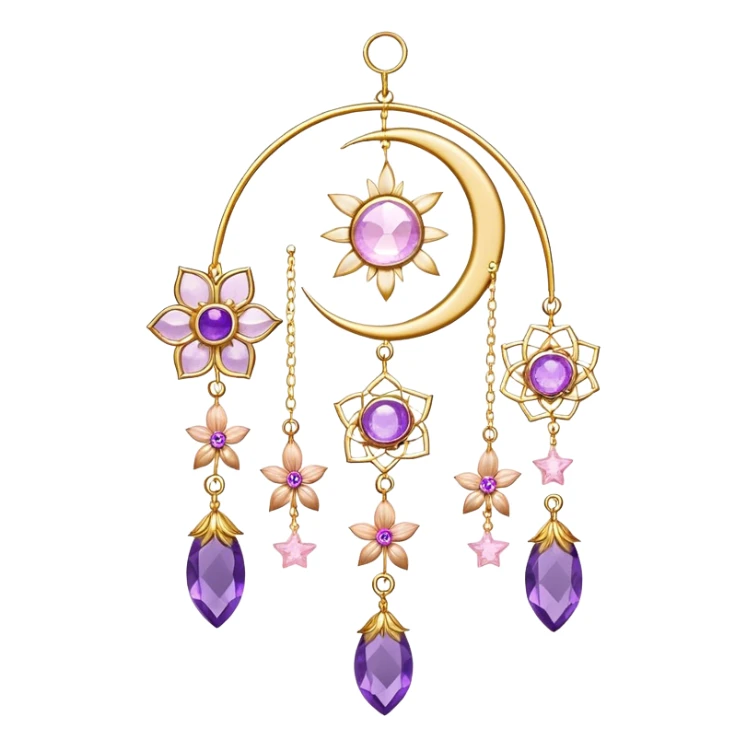 Epic Hanging gold suncatcher, threads with shiny sparkly amethyst and rose-quartz gemstones, flowers, moons, stars, leaves, petals sticker