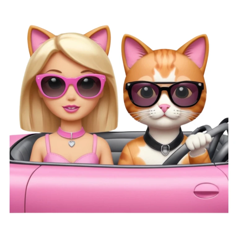 Barbie and Ken as cats sitting in a pink convertible car sticker