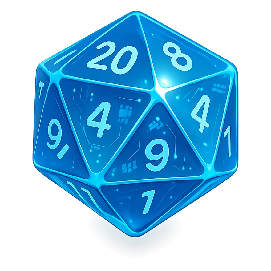 D20 dice, modern, sleek design, vibrant colors, glossy finish, blue sticker