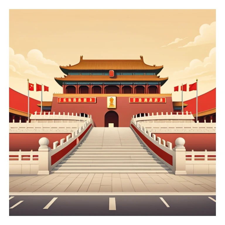 Tiananmen Square in Beijing with traditional Chinese architecture gate, sunny day, travel landmark illustration sticker