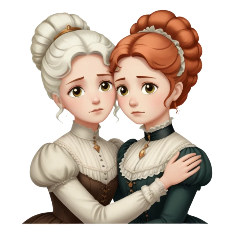 Two Victorian women with light eyes, one with white coiffed hair and one with copper coiffed hair, wearing Victorian high-neck dresses, embracing in a sad intimate hug sticker