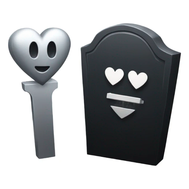 a black tombstone in silver RIP and a silver heart sticker