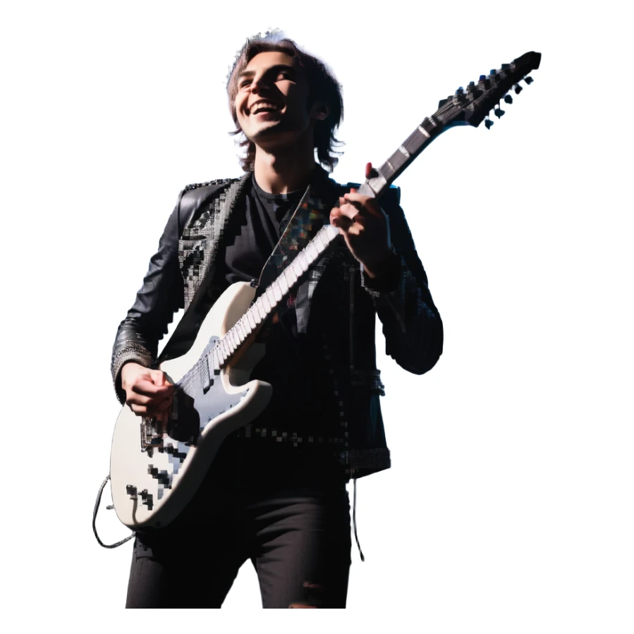 Rockstar musician with a confident smile looking up, electric guitar, stage lights, performing sticker