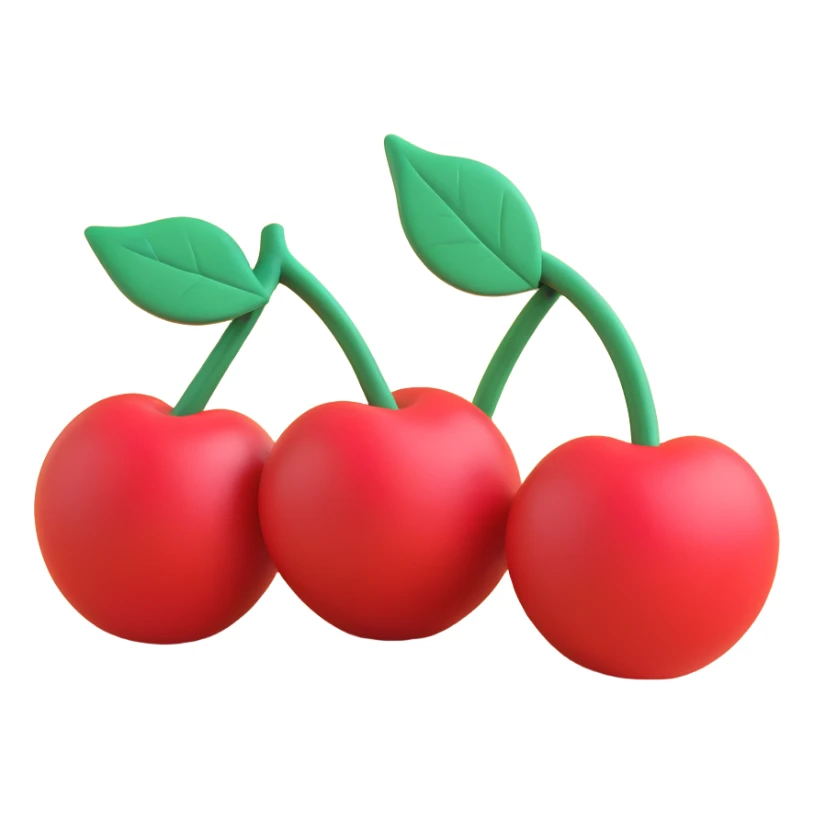 Two cherries with a leaf on a white background in iOS 3D style: soft shapes, smooth shadows, plasticine 3D effect, bright colors. sticker