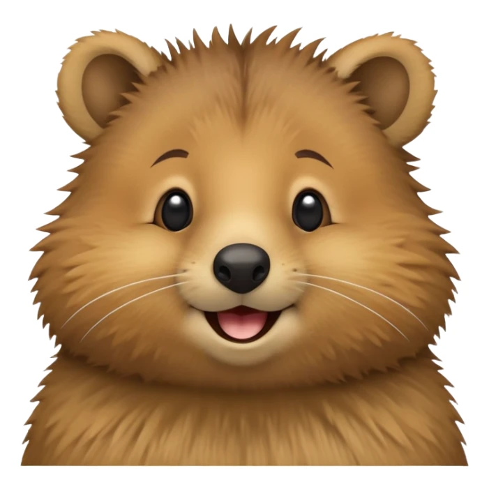cinematic-realistic quokka-emoji,-small-round-frame, head tilted in an endearing manner, comical smile, giant-fluffy-cheeks-large-smile-fluffy-brown-fur-radiating-a-warm-softness,-big-round-eyes-filled-with-joy, realisticround  fluffy zoomed in, large black eyes sticker