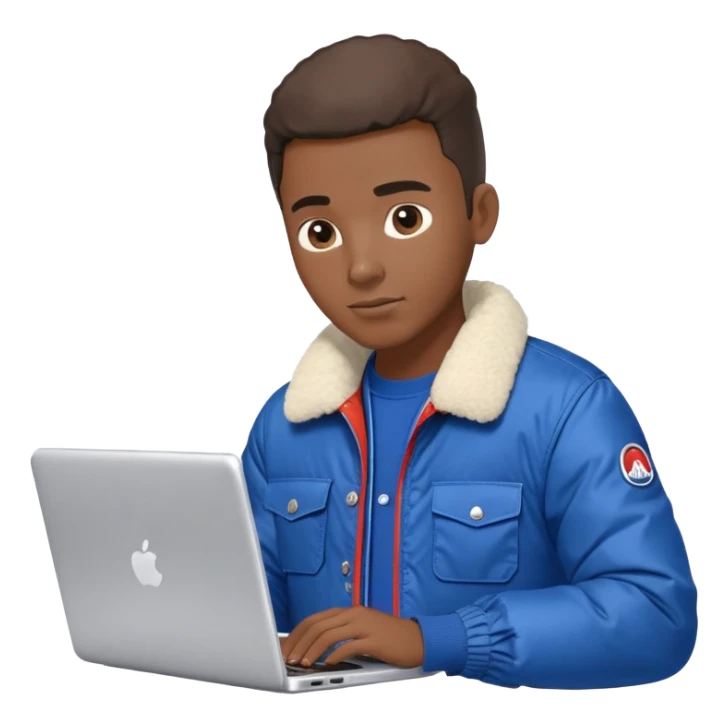 Black guy in a blue moncler jacket and a work shirt typing on a laptop  sticker