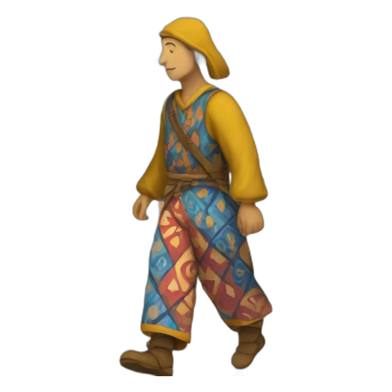 person wearing colorful pattern wide pants, walking, medieval sticker