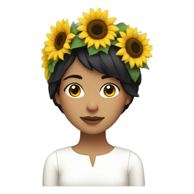 Woman with short black hair using a sunflower crown and white dress sticker