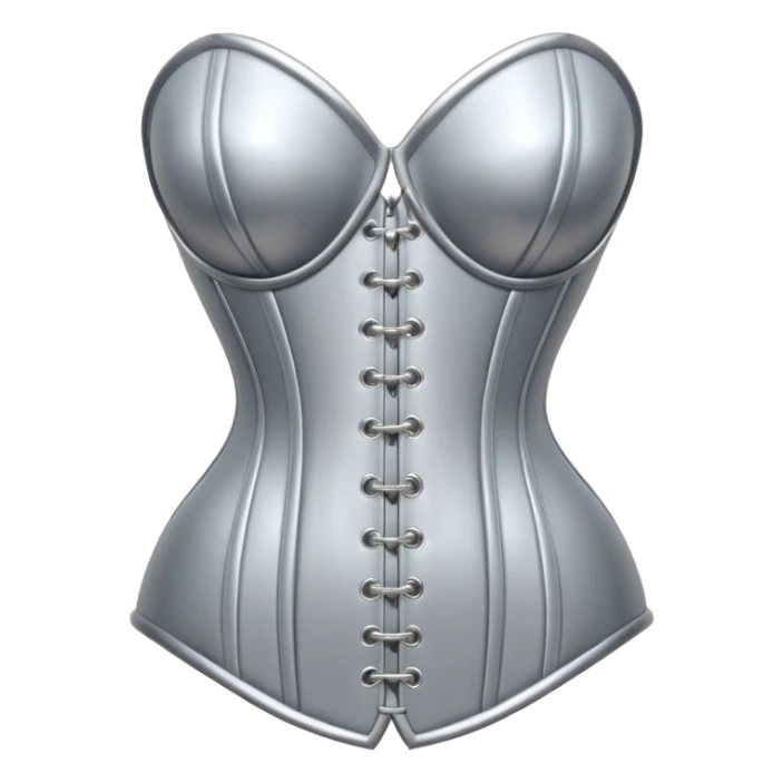 A luxury corset emoji made of silver chrome, smooth metallic curves, minimal fashion silhouette, glossy reflections, sensual high-end aesthetic, iOS emoji style, centered, clean white background sticker
