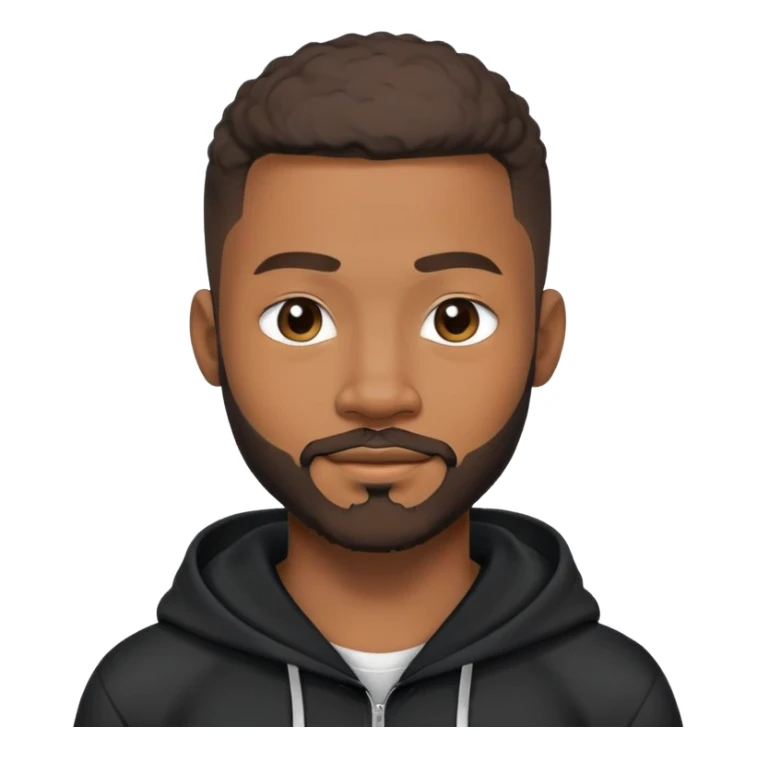 African yound man in his late 20s with a wink and  full short boxed beard and moutache , crew cut hair style, black hoody sticker
