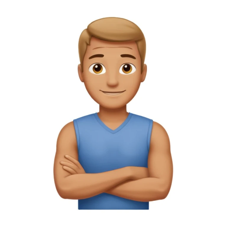Create a cartoon emoji-style illustration of a smiling man standing confidently with arms crossed. sticker