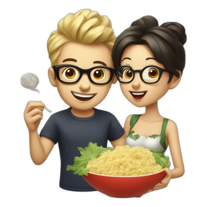 Boy with glasses and pin up girl eating garlic sticker