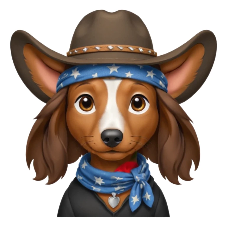 mostly black with some brown long hair daschund with a cowboy hat, ears curl out a bit and bandana sticker