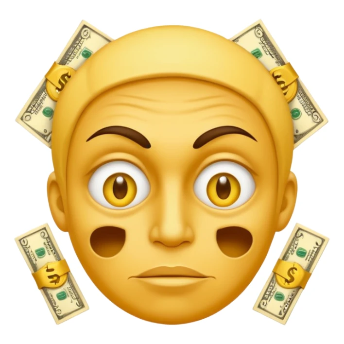 greed emoji, expressive face, money or dollar signs, yellow face sticker