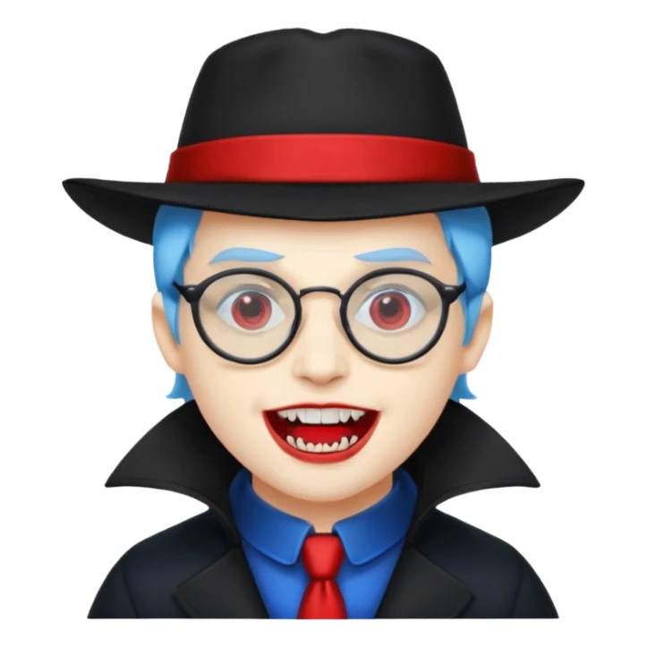 
vampire with blue hat,black coat with read collared ,teeth looks like vampire, with glasses sticker