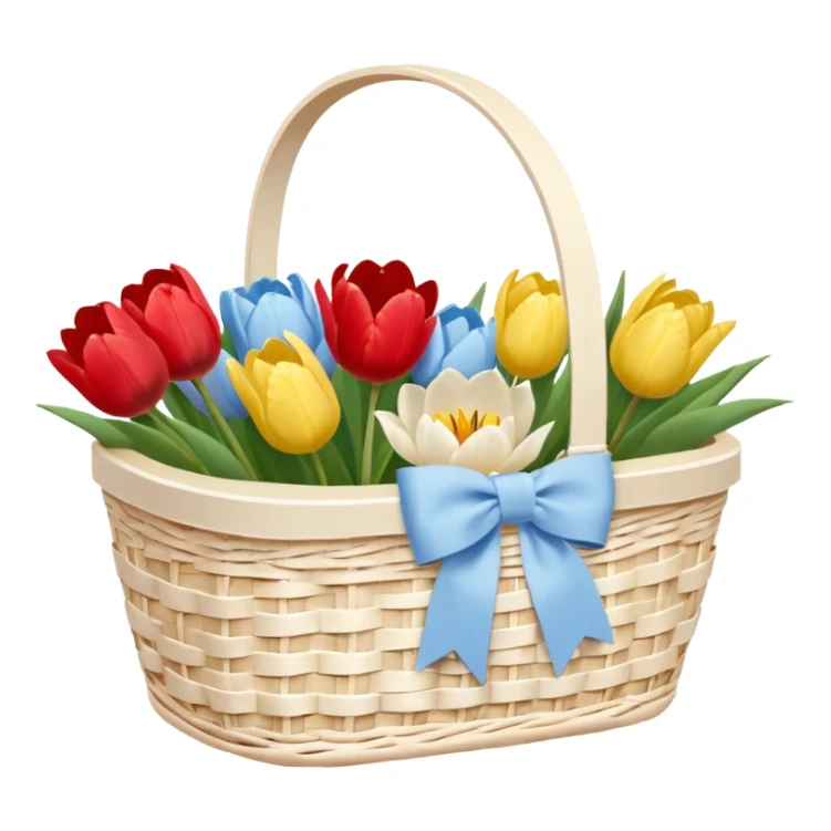 A white Picnic basket with pastel blue bow, white peonie, tulips sticker
