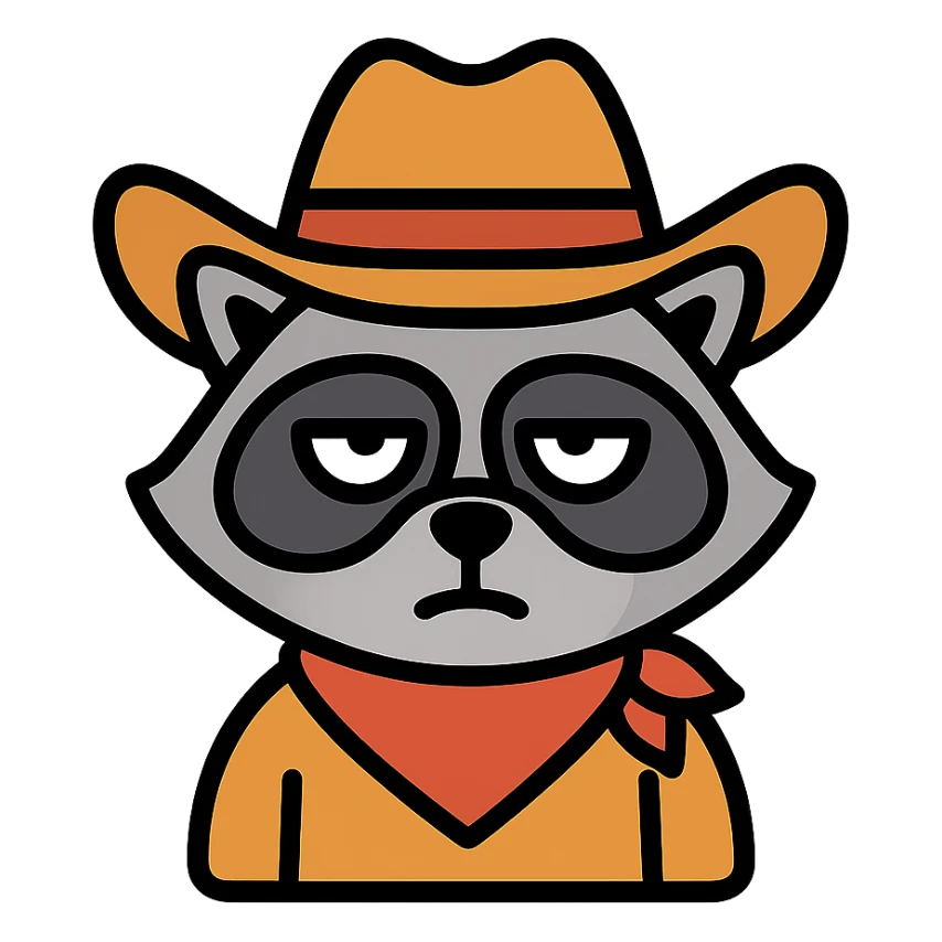 raccoon dressed as a cowboy, rolling his eyes, color outline icon sticker