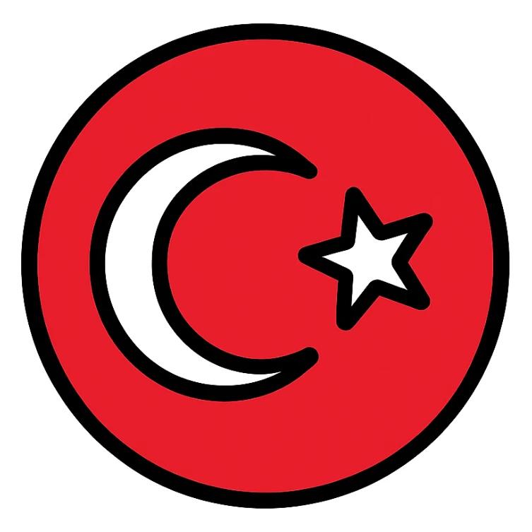 minimal Turkish flag emoji, red circle, white crescent and five-pointed star, flat design, transparent background, no shadows, centered, high resolution PNG style sticker