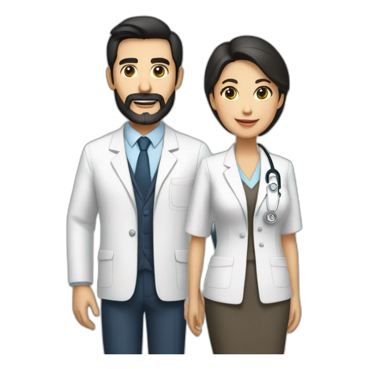 husband middle aged executive classic dark hair thin beard wearing business suit, with wife filipina age 55 dark hair wearing nurse uniform sticker
