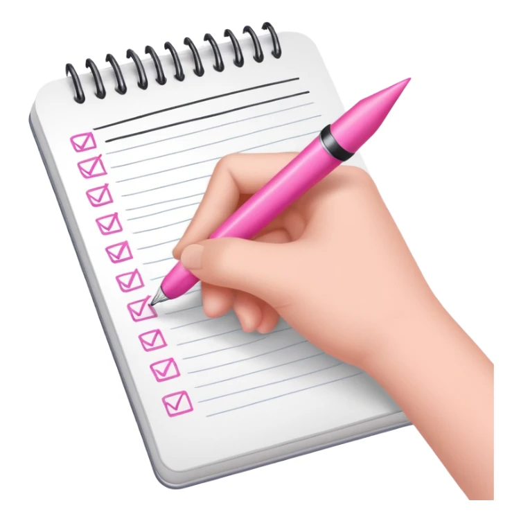 a hand writing a checklist with a pink pen in a notebook sticker