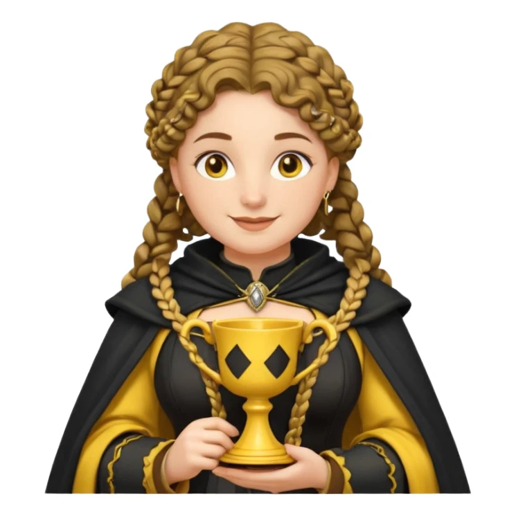 Helga Hufflepuff, 2 curly thick brown braids, yellow-black medieval dress, black cloak decorated with gold braiding, tiny two-handled shiny yellow-gold cup, very kind smile, curvy busty sweet woman, thick rosy cheeks sticker