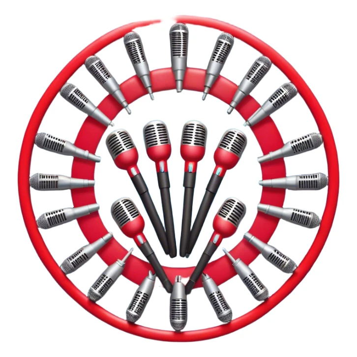 Create a vibrant and dynamic emoji that represents choral vocal performance. The design should feature 10 vintage stage microphones arranged in a semi-circle on a concert stage, symbolizing a vocal group or choir. Add musical notes flowing around the microphones to represent harmony and unity in the performance. Include concert lighting and a celebratory atmosphere to convey the excitement of live music. Use bright, bold colors like red, gold, and silver to emphasize the energy and glamour of the stage. The background should be transparent. sticker