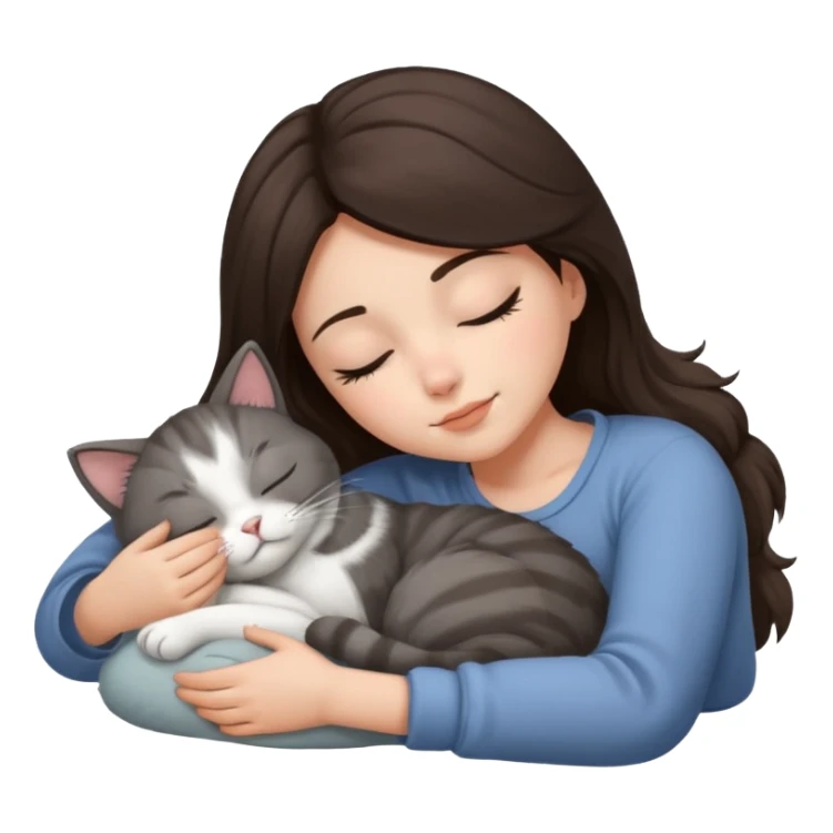 Brunette girl  sleeping with grey white  cat sticker