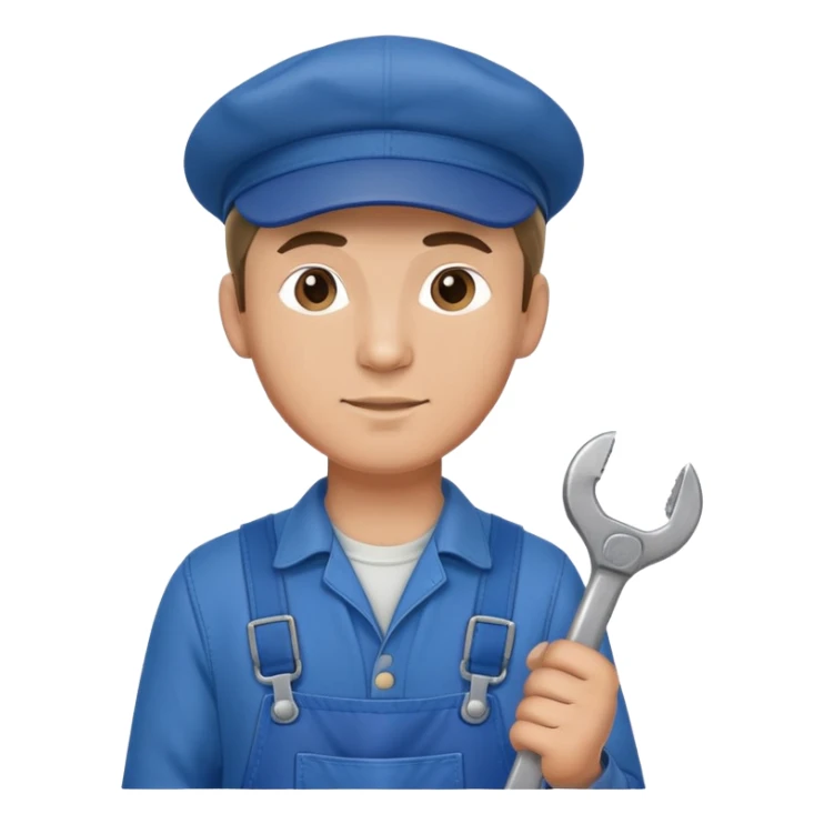 Russian male factory worker wearing overalls and a flat cap holding a wrench sticker