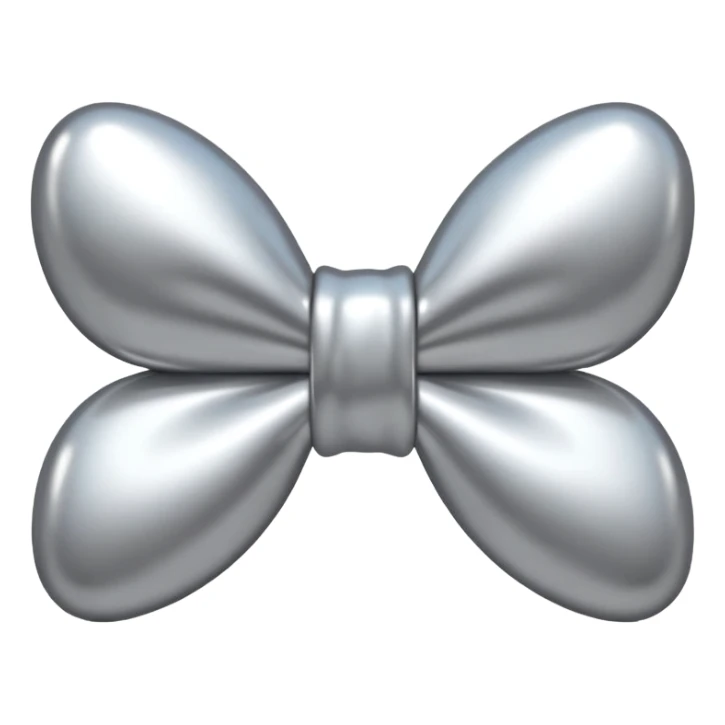 A cute bow emoji made of polished silver chrome, smooth rounded loops, glossy metallic surface, soft mirror reflections, subtle highlights, minimal and adorable proportions, iOS emoji style, centered composition, clean white background, soft studio lighting, no text, no outline, ultra high quality sticker