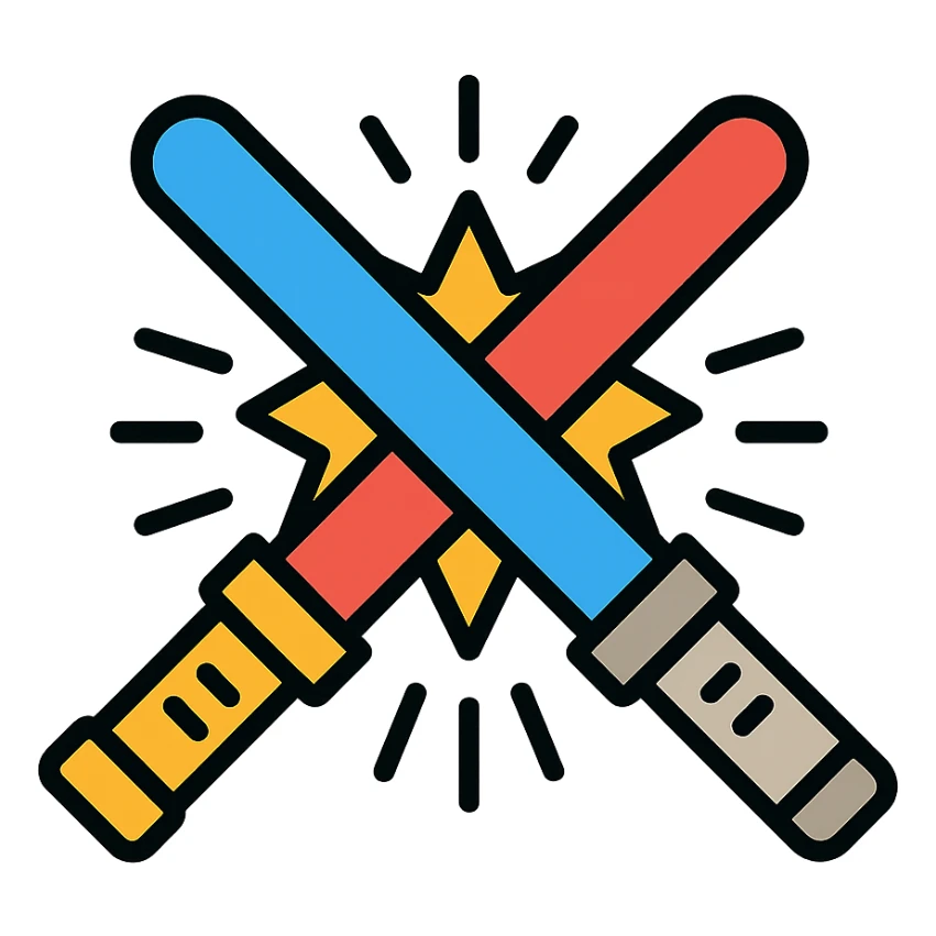 blue and red lightsabers colliding at the center, energy burst and motion streaks sticker