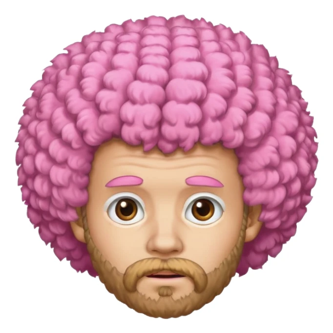 A light-skinned man with a fluffy pink afro, brown eyes, a beard, and a slightly uneasy expression. sticker