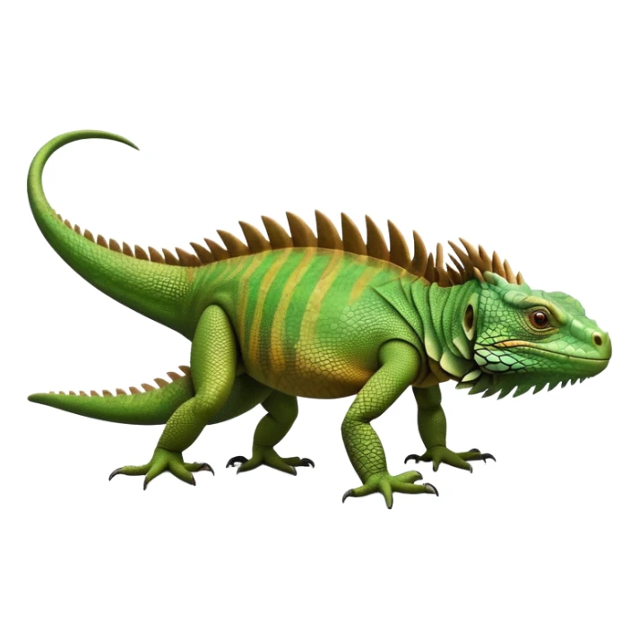 cinematic-iguana-realistic-full-body-basking-emoji,-long-scaly-body-stretched-out,-spiny-ridge-running-down-its-back,-textured-green-and-brown-skin-dappled-with-light,-sharp-intelligent-eyes-studying-the-surroundings sticker
